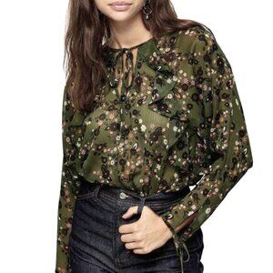 NWT TopShop | Sheer Chiffon Long Sleeve Floral Blouse in Green Multi | Size 6
